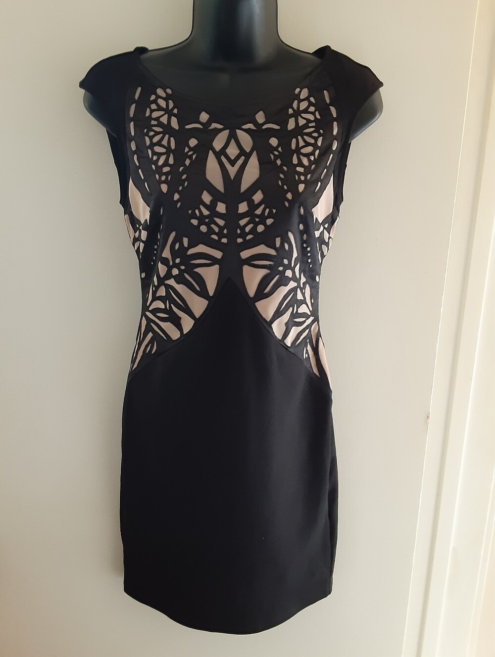 Lipsy London Black Illusion Cutout Bodycon Dress Mesh Lace Mini US 4